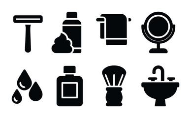Bathroom essentials solid icons set - silhouette, hygiene, grooming symbols