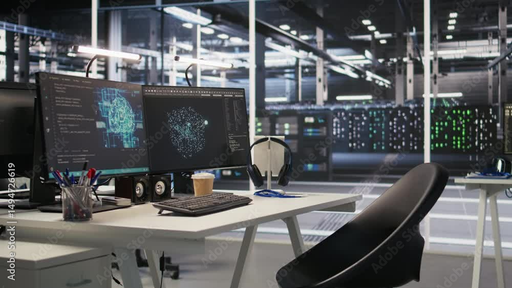 Poster data center workstation equipped with machine learning software visualizing deep learning models. hi
