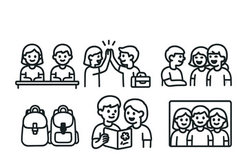 School and education outline icons set – students, learning, academic symbols