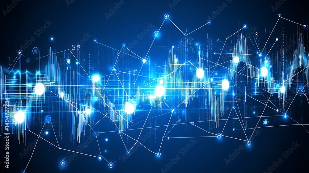 Aufkleber abstract digital data visualization with bright blue lines, dots, and waveforms on dark background