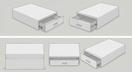 Diagrams of a white filing cabinet drawer from various angles.