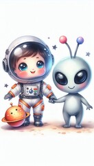 Fototapeta premium Adventure of a young astronaut and alien friend outer space digital art whimsical playful fantasy