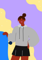 Black young woman wearing hoodie and mini skirt holding skateboard, street fashion and active lifestyle illustration