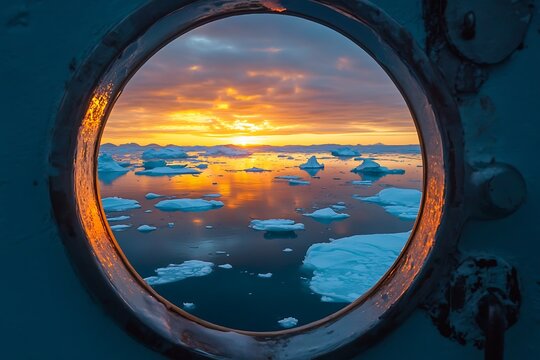 Fototapeta Vivid Arctic Seascape Seen Through Ship's Porthole Window