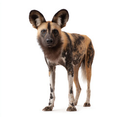 a wild dog standing on a white surface