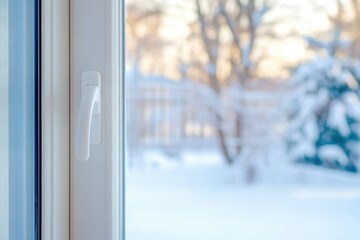 New plastic PVC window with white metal frame installed at modern house, view of blurred winter snow, blue sky. Advertising. Typical installation of insulated glazing windows with uPVC window frames.
