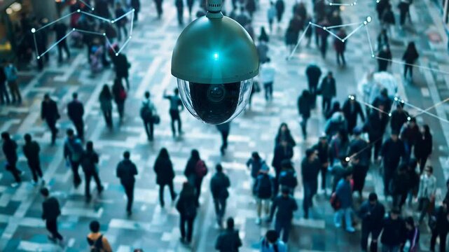 Security camera motion detection system recognizes identifies people with big data and AI. Facial recognition technology scan and detect people face for identification in crowded places.
