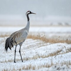 Obraz premium A Crane In A Snow Covered Field.