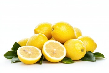 Lemon fruit heap with slice isolated on white background. Fresh yellow lemons pile with green leaves. Ripe whole, cut half and sliced lemon pile. Group of juicy lemons. Texture. Citrus fruits harvest.