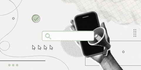 Trendy Halftone Collage Hand holds Phone with Megaphone and Search bar. Find information. Online hiring job. Cut out paper elements. Seo marketing and promotion. Contemporary vector illustration art