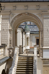 Courtyard with richly sculpted portals, loggias, arcades, and unique sgraffito wall decorations, Krasiczyn Castle, Krasiczyn, Poland