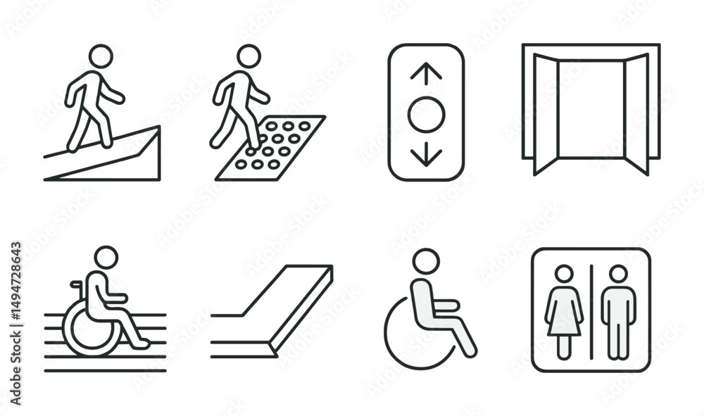 Poster accessibility and features outline icons set – flat, linear, universal design symbols