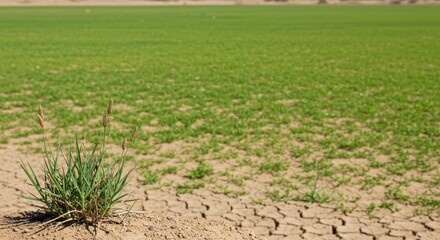 Resilient Life in Arid Landscape: A Single Plant Thriving Amidst Cracked Earth and Lush Green Field