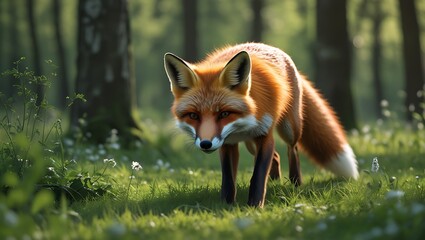Obraz premium Red fox walking through a sunny forest