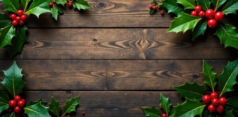 Rustic wood planks, holly berries & leaves, Christmas theme , holly, photo, seasonal