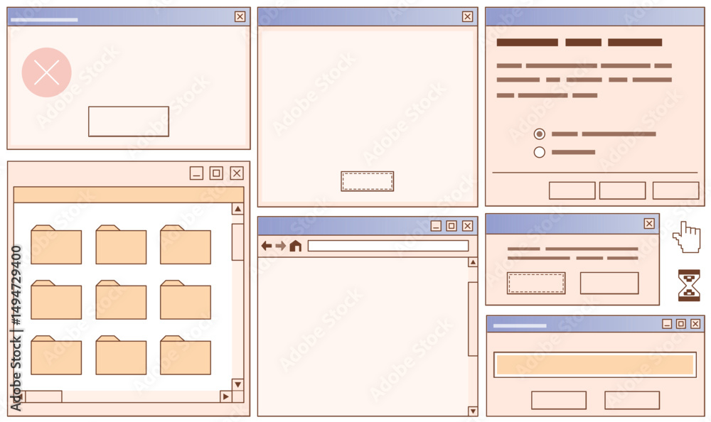 Fototapete retro user interface kit - vintage computer program window layouts, dialog boxes, button panels, tex