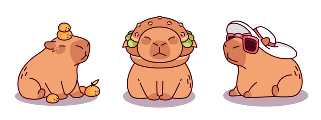 Adorable capybara drawings - joyful smiling creature with tangerines, relaxed rodent wearing sunglasses and hat, sitting animal with burger on head. Cute funny kawaii capibara illustrations.