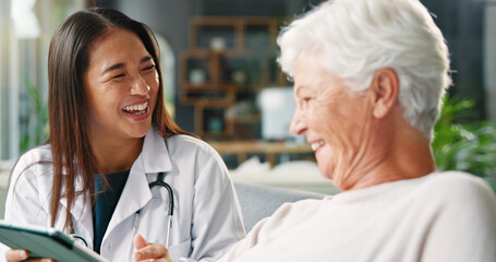 Fototapeta premium Laughing, doctor and smile for senior patient, good news and treatment plan for illness, women and info. Happy, medical professional and diagnosis for elderly person in hospital, results and checkup