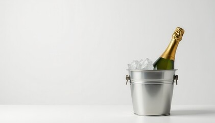 Chilled champagne in metal ice bucket, white background, event, background, cold
