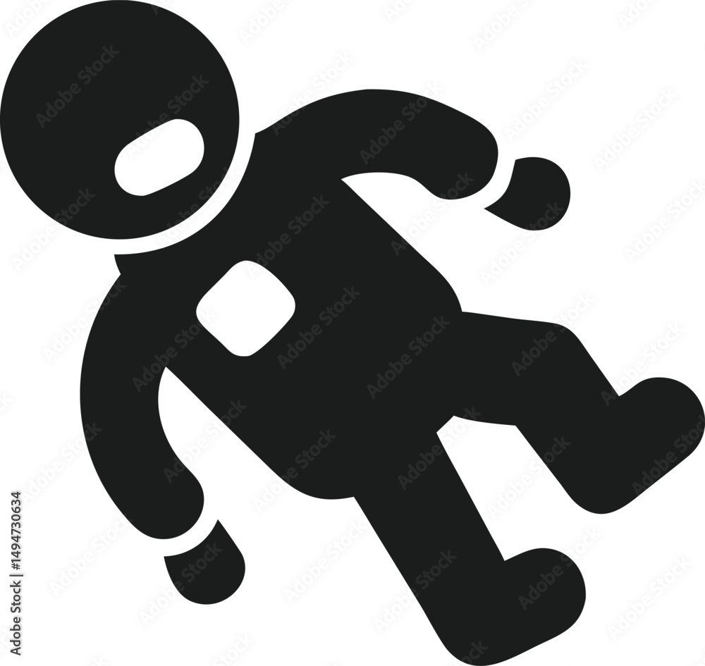 Poster simple black silhouette of astronaut floating in space, single object on white background