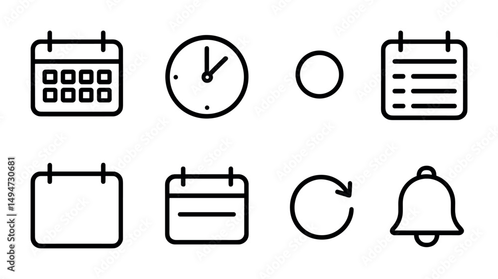Poster calendar and time management outline icons set – flat, solid, scheduling symbols