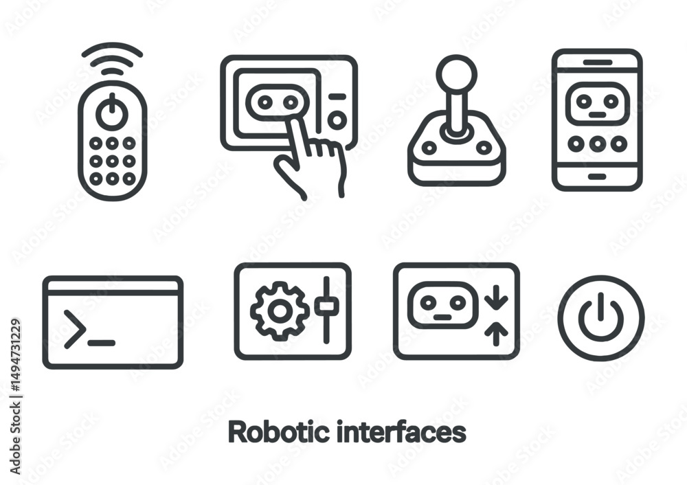 Poster robotic interfaces icons set – line, linear, automation and control symbols