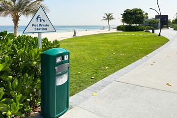 Dog-friendly beach in Dubai Islands with clean green lawn, pet waste station, and modern infrastructure. Peaceful place for pets and owners to relax by the sea