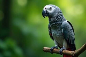 Intelligent African Grey parrot perched on branch, pet, wing
