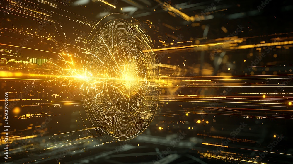 Poster abstract digital background with glowing lines and circular graphic elements in golden light