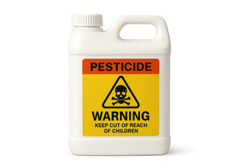 White pesticide bottle with warning label on transparent background