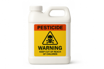 White pesticide bottle with warning label on transparent background