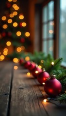 Rustic wooden table, blurred Christmas lights & ornaments , ornaments, old, image