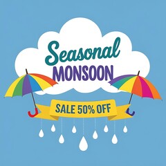 Rainy season discount banner design with floating cloud, colorful umbrellas, and water droplets for monsoon sale event, retail promotion campaign, seasonal clearance shopping offer, and marketing use