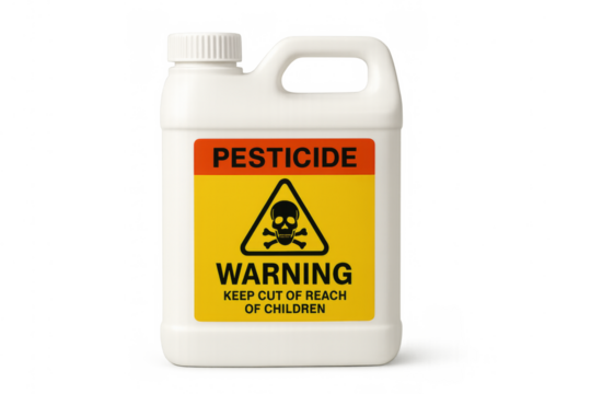 White pesticide bottle with warning label on transparent background - Powered by Adobe
