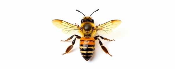 Single honeybee, wings outstretched, isolated on pure white background, yellow, swarm