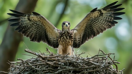 Fototapeta premium A Javan Hawk Eagle spreads its wings in its nest, background wallpaper AI generated image