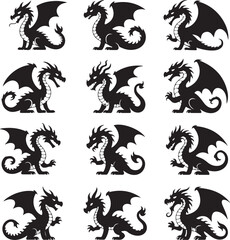 Collection of black dragon silhouettes with wings in various poses on a white background
