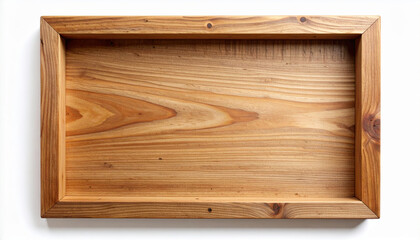 Rustic wood texture blank frame with natural grain detail, warm brown tones, rectangular shape, empty wooden border, isolated on white background