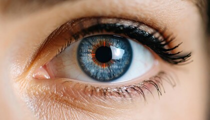 Close-up of Blue Eye with Digital Binary Code Reflection Detail