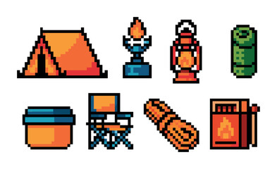 Camping and adventure pixel art icons set – survival, nature exploration symbols