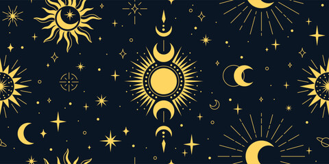 Celestial ornament vector seamless pattern design, golden tarot Boho line art with mystical crescent moon, stars, sun © sabelskaya