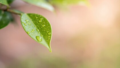 Fresh Green Leaf with Water Droplets on Nature Background