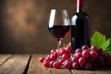 Obraz premium Wine bottle, half-full glass, grapes on rustic table, vintage, organic, drink