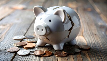 Cracked Piggy Bank surrounded by Coins on Wooden Surface