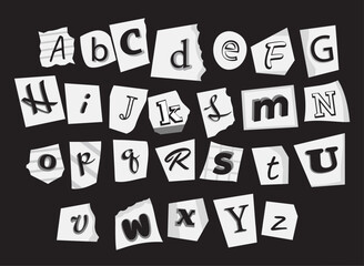 Ransom Alphabet vector typography font, monochrome cut newspaper note letters various style font for anonymous notes