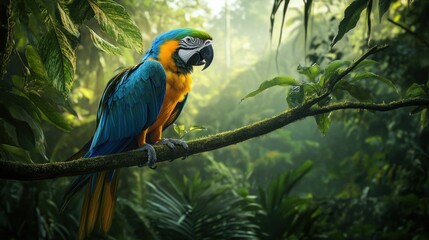 Obraz premium A pale blue Macaw bird on a rainforest branch, background wallpaper AI generated image