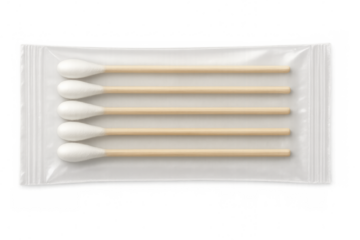 Cotton swabs wrapped in transparent plastic bag on checkered background