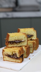 baked sponge cake in photos with various camera angles 45 degrees, flat lay and front view. close up and full shot