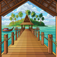Cartoon-style tropical pier over turquoise water with a wooden hut, palm trees, and island in the background. Bright sunny sky and boat create a peaceful summer vacation scene.
