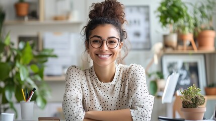 Smiling young woman in home office modern decor natural light